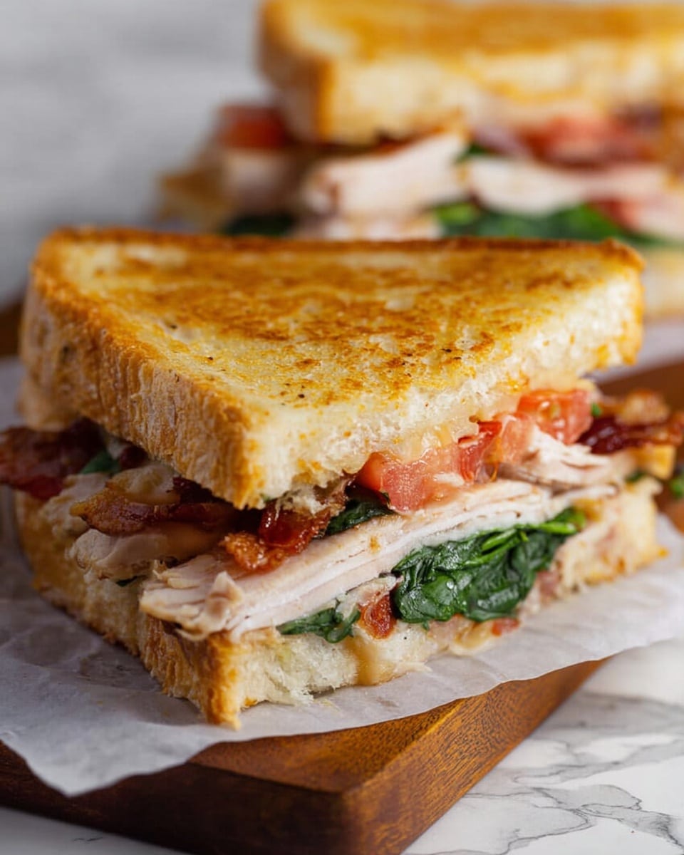 The image shows a close-up of a toasted sandwich with two thick layers of golden brown grilled bread on the top and bottom. Inside, visible layers include light pink slices of cooked turkey breast, crispy brown bacon strips, fresh dark green spinach leaves, and slices of red tomato. The sandwich is cut in half diagonally, revealing the layers inside. The sandwich pieces are placed on white parchment paper over a wooden board with a white marbled texture background. Photo taken with an iphone --ar 4:5 --v 7