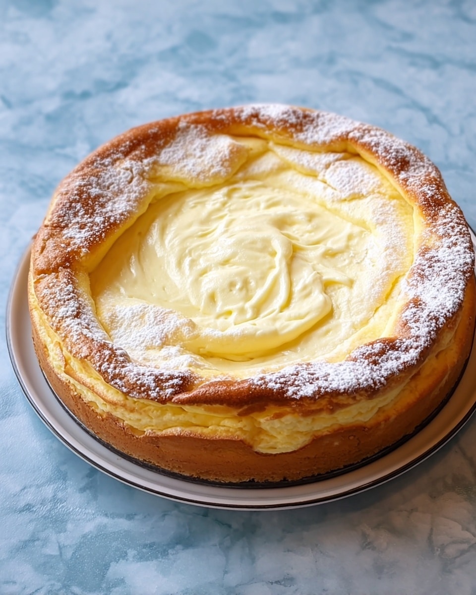 A thick round cheesecake with a golden brown crust that is slightly cracked around the edges, filled with a smooth, creamy pale yellow cheese layer that has soft swirls and folds on top, lightly dusted with white powdered sugar. The cheesecake sits on a white plate with a grey rim, placed on a white marbled textured surface. photo taken with an iphone --ar 4:5 --v 7