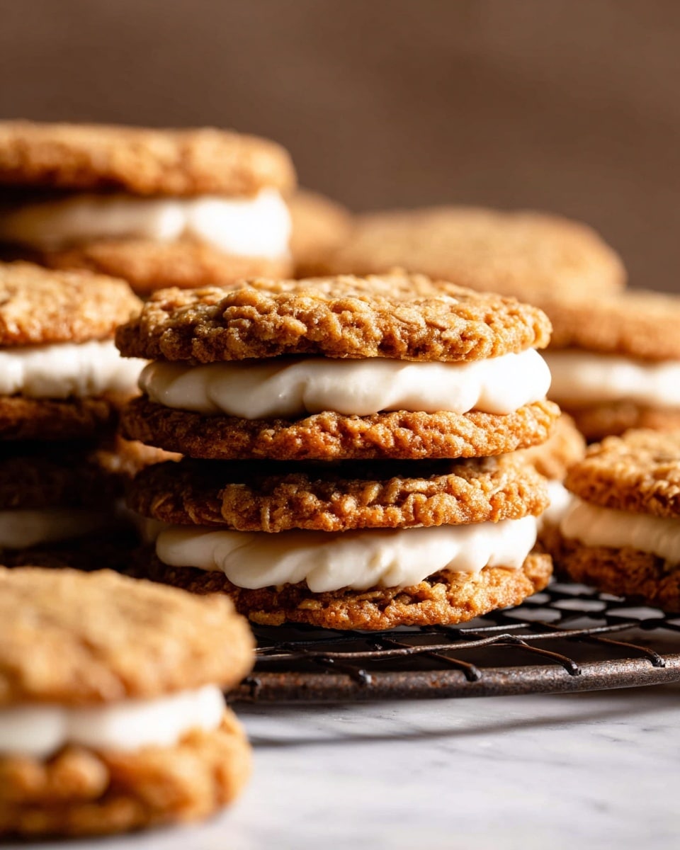 Stacked oatmeal cookie sandwiches fill the scene, each made of two golden brown oatmeal cookies with a rough, craggy texture on top and a thick layer of smooth, creamy white filling in the middle. Some sandwiches are stacked two high, highlighting the soft cream layer curling slightly at the edges. The cookies are arranged on a dark round cooling rack set on a white marbled surface, with more oatmeal cookie sandwiches blurred in the background. The lighting is soft and warm, making the cookie texture and creamy filling look inviting and fresh. photo taken with an iphone --ar 4:5 --v 7