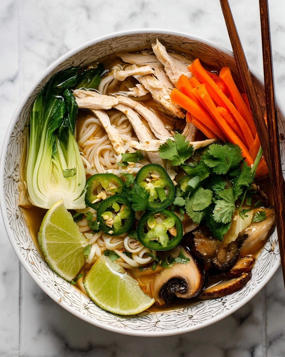 A white bowl with a subtle patterned rim holds a colorful noodle soup with many layers: at the bottom, light tan sliced chicken breast; above it, bright orange thin carrot sticks arranged vertically; next to this, light green bok choy with leafy texture; tender brown shiitake mushrooms with smooth, curved caps sit on one side; thick white noodles are tucked in on another; slices of bright green jalapeno pepper are scattered on top; fresh green cilantro leaves add color; two lime wedges with bright green skin and juicy interior lean on the noodles. Wooden chopsticks rest on the edge of the bowl, and the whole setup sits on a white marbled surface. photo taken with an iphone --ar 4:5 --v 7