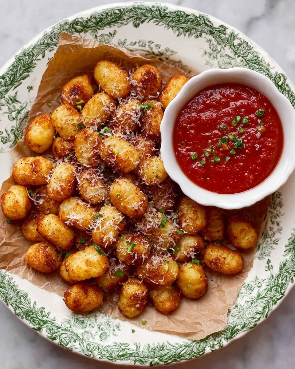 A white plate with a green floral pattern around the edge holds many small, round, golden-brown gnocchi pieces that look crispy with some dark specks of seasoning on them, sprinkled with coarse salt and small green herbs. Behind the gnocchi, there is a white bowl filled with rich, red tomato sauce topped with bits of green herbs. The plate sits on a wooden surface. photo taken with an iphone --ar 4:5 --v 7