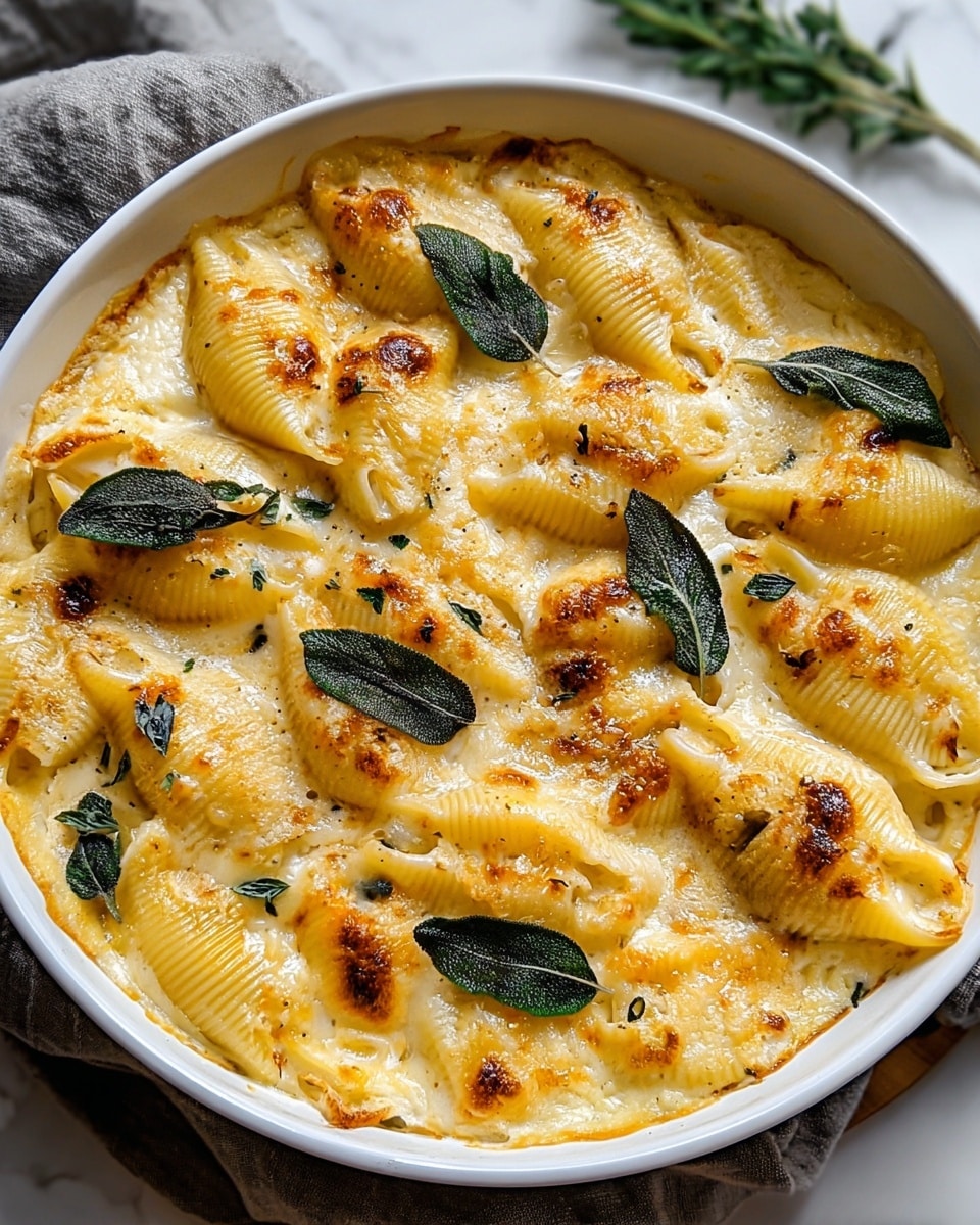 A white round baking dish filled with baked pasta shells covered in a creamy, golden-yellow cheese sauce with slightly browned spots on top, and scattered dark green sage leaves both mixed in the sauce and placed on top for garnish; the pasta shells are large and ridged, closely packed in layers under the melted cheese. The dish sits on a white marbled surface with a gray cloth nearby. Photo taken with an iphone --ar 4:5 --v 7