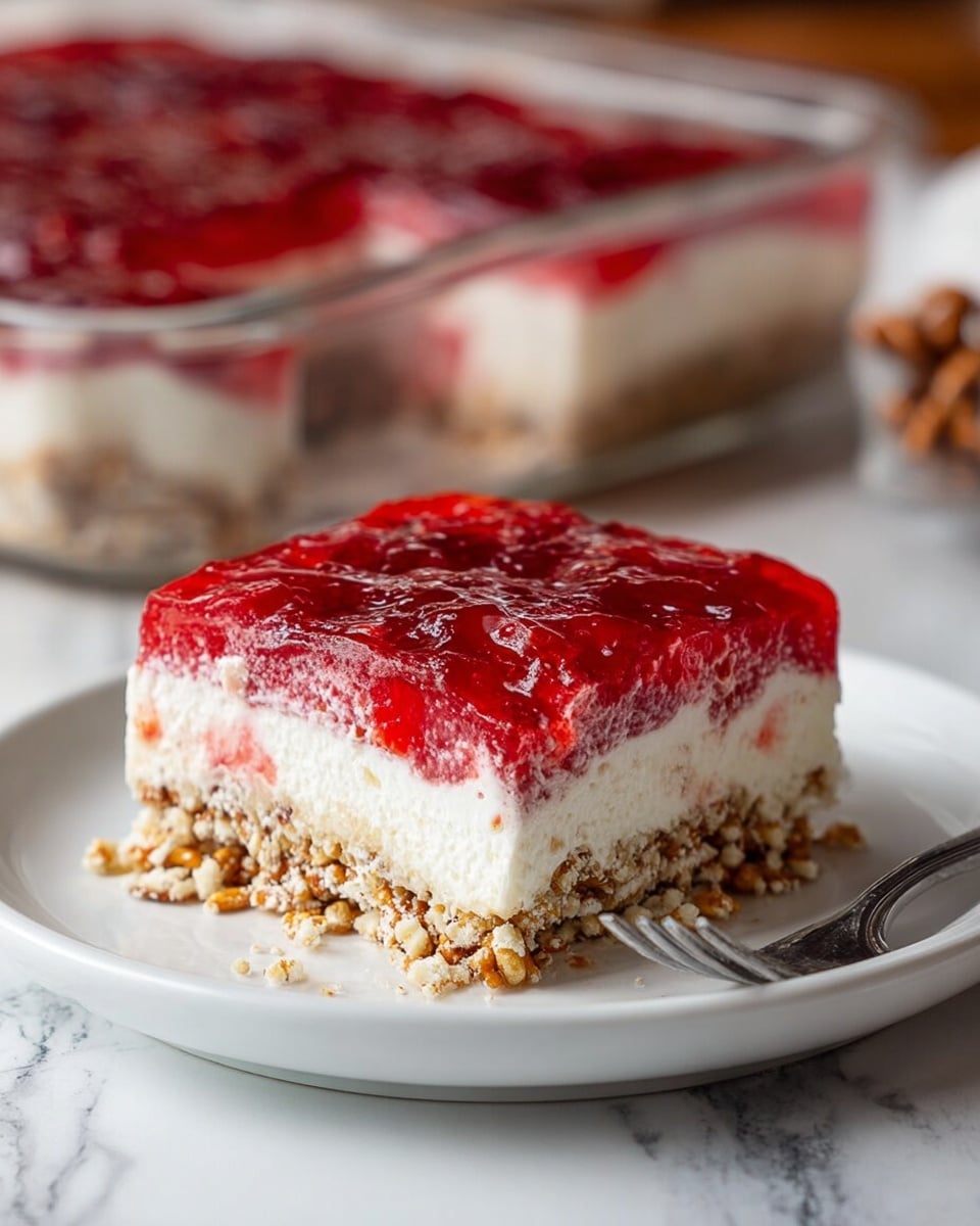 A square dessert slice is shown on a white plate set on a white marbled surface, with three distinct layers visible. The bottom layer is a crumbly mix of light brown pretzel pieces and crumbs, creating a textured base. The middle layer is thick, smooth, and creamy white, forming a soft and fluffy middle section. The top layer is a glossy, bright red fruit jelly with small fruit bits embedded, giving a shiny and slightly uneven look. In the background, a glass dish holds the remaining dessert with the same layered structure, slightly blurry. A silver fork is placed on the white marbled surface next to the plate. photo taken with an iphone --ar 4:5 --v 7