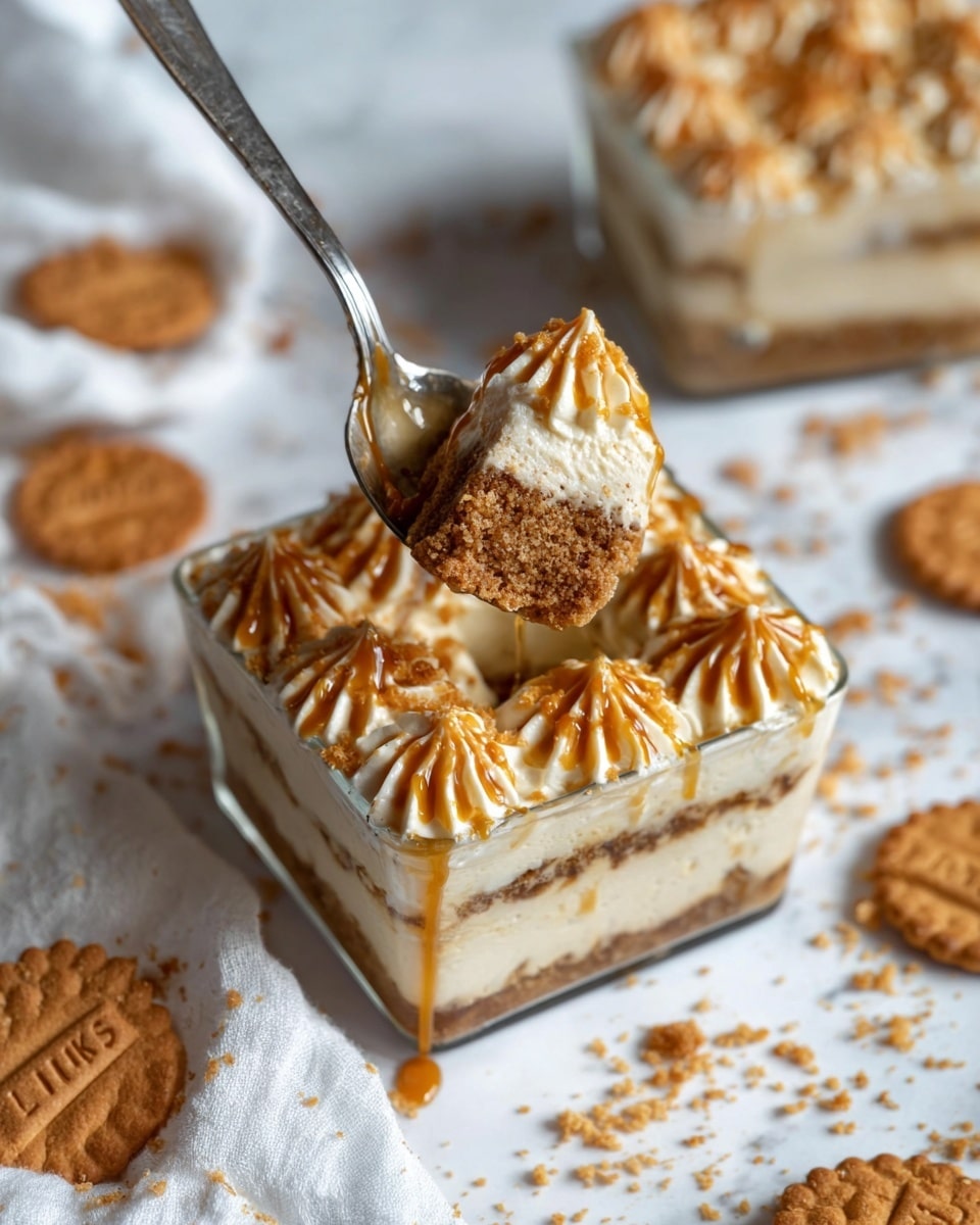 A close-up of a square glass container filled with a layered dessert, showing three visible layers: a brown crumbly base, a creamy light beige middle layer, and a top layer of piped cream in small dollops with a textured pattern. The top is sprinkled with crushed crumbs and drizzled with smooth caramel sauce, creating a shiny contrast against the cream. A spoon holds a portion of the dessert, showing the distinct layers and soft textures. The container sits on a white marbled surface scattered with crumbs and a white cloth, with a whole lotus biscuit nearby. Photo taken with an iphone --ar 4:5 --v 7