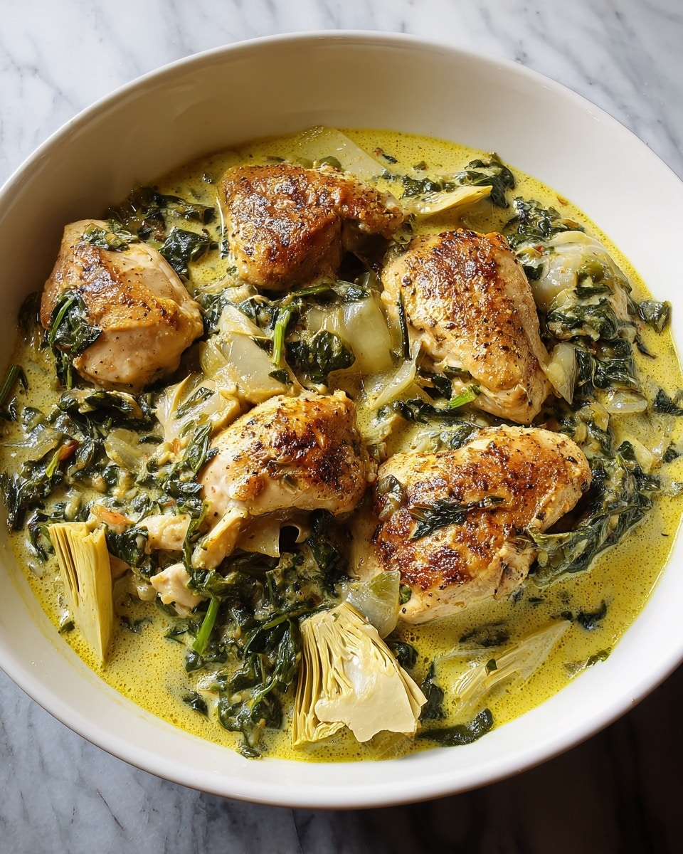 A white bowl filled with a creamy yellow-green stew, showing five pieces of cooked chicken with a slightly browned and seasoned surface on top. The chicken pieces are nestled in a thick sauce mixed with chopped green leafy vegetables and pale, slightly chunky artichoke pieces. The sauce has a smooth texture with a few small bubbles, spreading evenly around the chicken and greens. The bowl sits on a white marbled surface. photo taken with an iphone --ar 4:5 --v 7