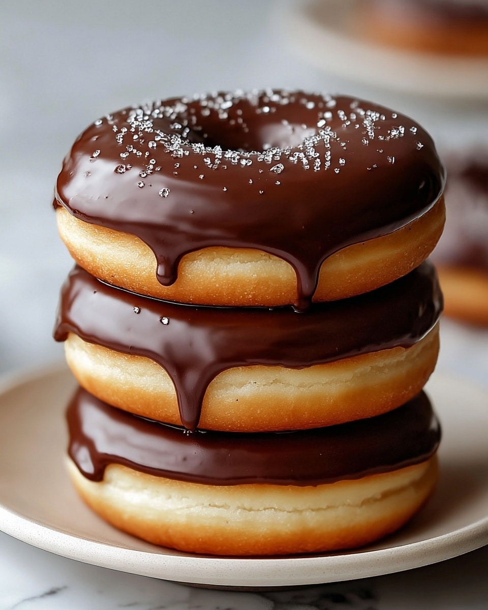 A stack of two thick donuts with a light golden-brown color and soft texture forms the base, each donut separated by a layer of smooth, dark chocolate glaze. The top donut is fully covered in the same glossy chocolate glaze that drips slightly down the sides, with small silver sugar crystals sprinkled over it, adding texture and shine. The donuts sit on a white plate, placed on a white marbled surface. photo taken with an iphone --ar 4:5 --v 7