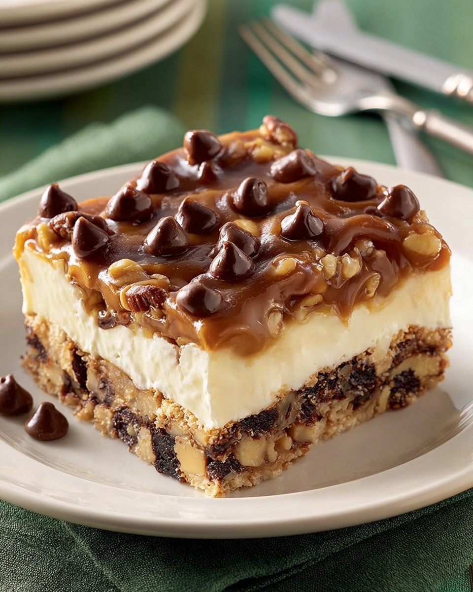 A square slice of layered dessert sits on a white plate, placed on a green cloth with a fork and knife beside it. The dessert has four visible layers: a bottom crust mixed with dark chocolate and nuts, followed by a thick pale cream cheese layer, topped with a rich, gooey mix of dark chocolate and caramel-colored nuts, and finished with a smooth caramel layer dotted with large, glossy chocolate chips. The edges have a slightly baked, golden brown crust. The overall look is rich and dense with a mix of creamy and chunky textures. The photo taken with an iphone --ar 4:5 --v 7
