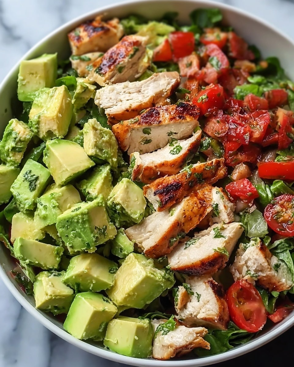The image shows a close-up of a white bowl filled with a mixed salad. The salad has several layers and colors: grilled chicken pieces with brown grill marks sit on the top, surrounded by chunky green avocado pieces and red tomato bits. There are also chopped leafy greens mixed evenly in the bowl. The textures range from the smooth, creamy avocado to the firm chicken and fresh tomato. The bowl is placed on a white marbled surface, adding a clean background to the vibrant salad. Photo taken with an iphone --ar 4:5 --v 7