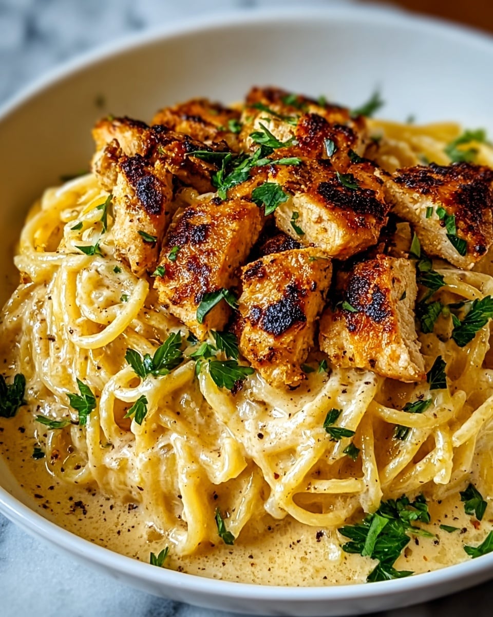 A white bowl holds a creamy pasta dish with two layers: the bottom is a bed of smooth, light yellow spaghetti coated evenly in a rich, creamy sauce speckled with black pepper, and on top sit several pieces of golden-brown grilled chicken with crispy, charred edges. Scattered fresh green parsley leaves add a pop of color and freshness to the dish. The bowl is set on a white marbled surface. Photo taken with an iphone --ar 4:5 --v 7