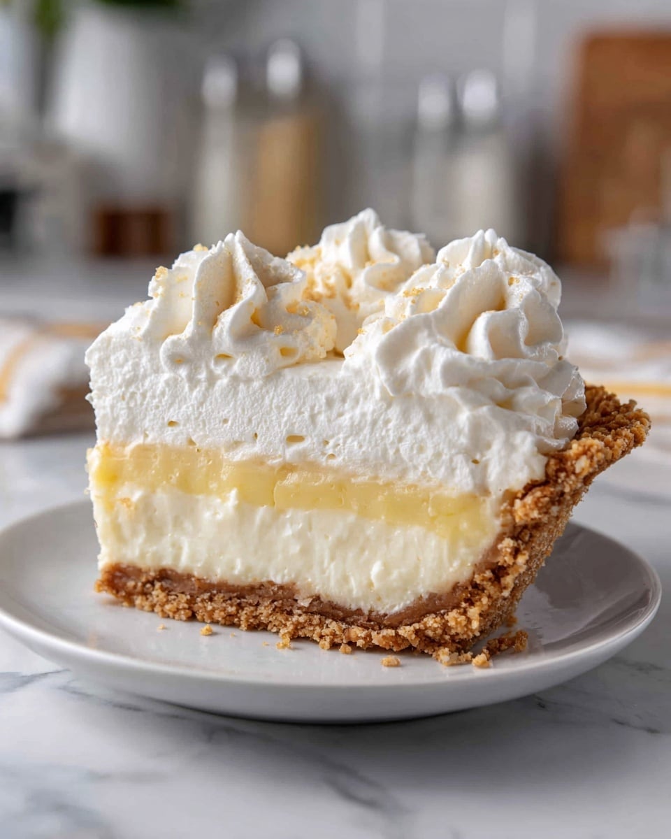 A close-up of a slice of pie on a white plate, showing three distinct layers: a crumbly light brown crust at the bottom, a thin pale yellow filling in the middle, and a thick, creamy white top layer covered with fluffy whipped cream dollops. The pie slice sits on a white marbled surface with a blurred kitchen background. photo taken with an iphone --ar 4:5 --v 7