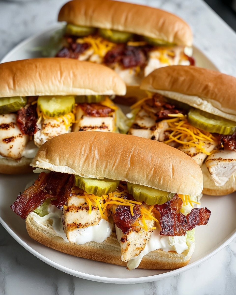 Four grilled chicken sandwiches are placed on a white plate over a white marbled surface. Each sandwich has one soft, light brown bun as the base and covering layer. Inside, there are white grilled chicken breast slices with visible grill marks, topped with shredded orange cheddar cheese, several green pickle slices, crispy dark brown bacon pieces, and a layer of white creamy sauce beneath the chicken. The sandwiches are arranged closely, filling the plate and showing a close-up view. Photo taken with an iphone --ar 4:5 --v 7