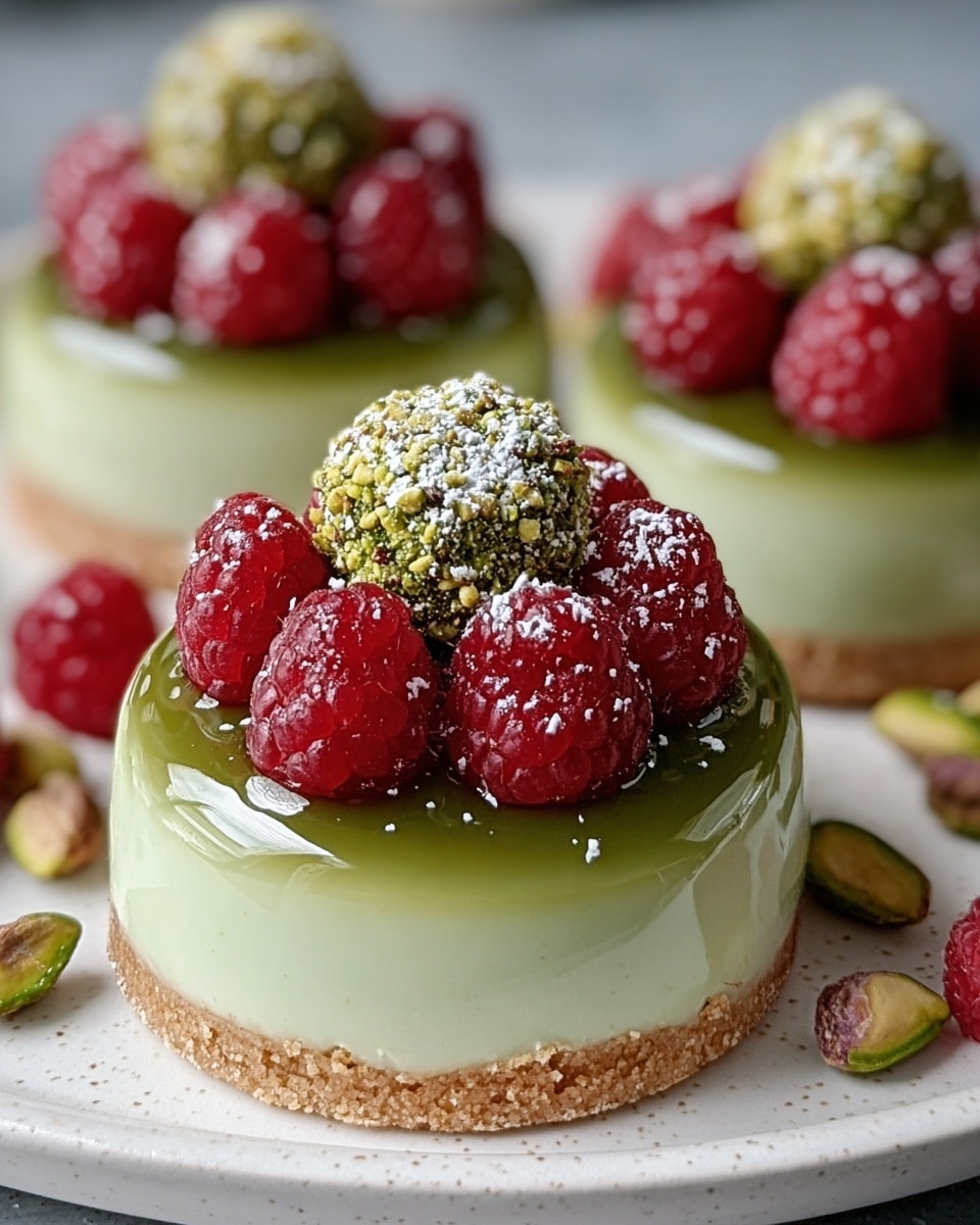 The image shows three small round desserts on a white plate with a white marbled texture underneath. Each dessert has three layers: a bottom crumbly tan crust, a thick pale green middle layer with a smooth texture, and a shiny darker green glaze on top. Fresh bright red raspberries are placed in a circle around the center, which is topped with a glazed raspberry covered in crushed green pistachio nuts and powdered sugar. More raspberries and pistachio nuts are scattered around the plate. The desserts are glossy and look fresh and colorful. photo taken with an iphone --ar 4:5 --v 7