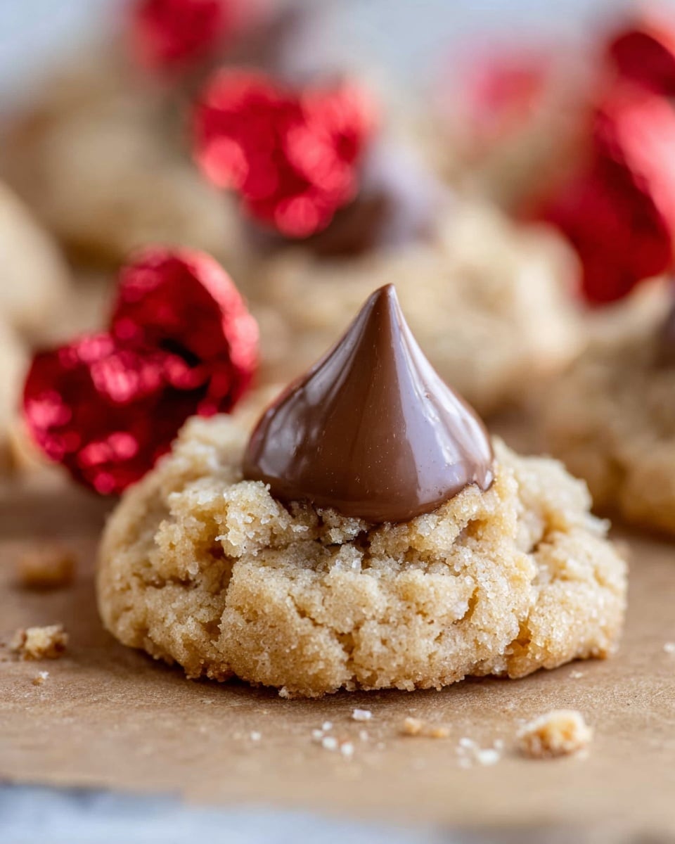 A close-up view of a single cookie with a thick, coarse golden brown base that looks soft and crumbly. On top of the cookie is a smooth, shiny, and creamy milk chocolate kiss, shaped like a teardrop with a pointed tip. The cookie is set on light brown parchment paper, with faint crumbs around it. In the blurred background, there are more similar cookies wrapped in red and dark brown foil, adding a festive touch. The whole scene sits on a white marbled texture. photo taken with an iphone --ar 4:5 --v 7
