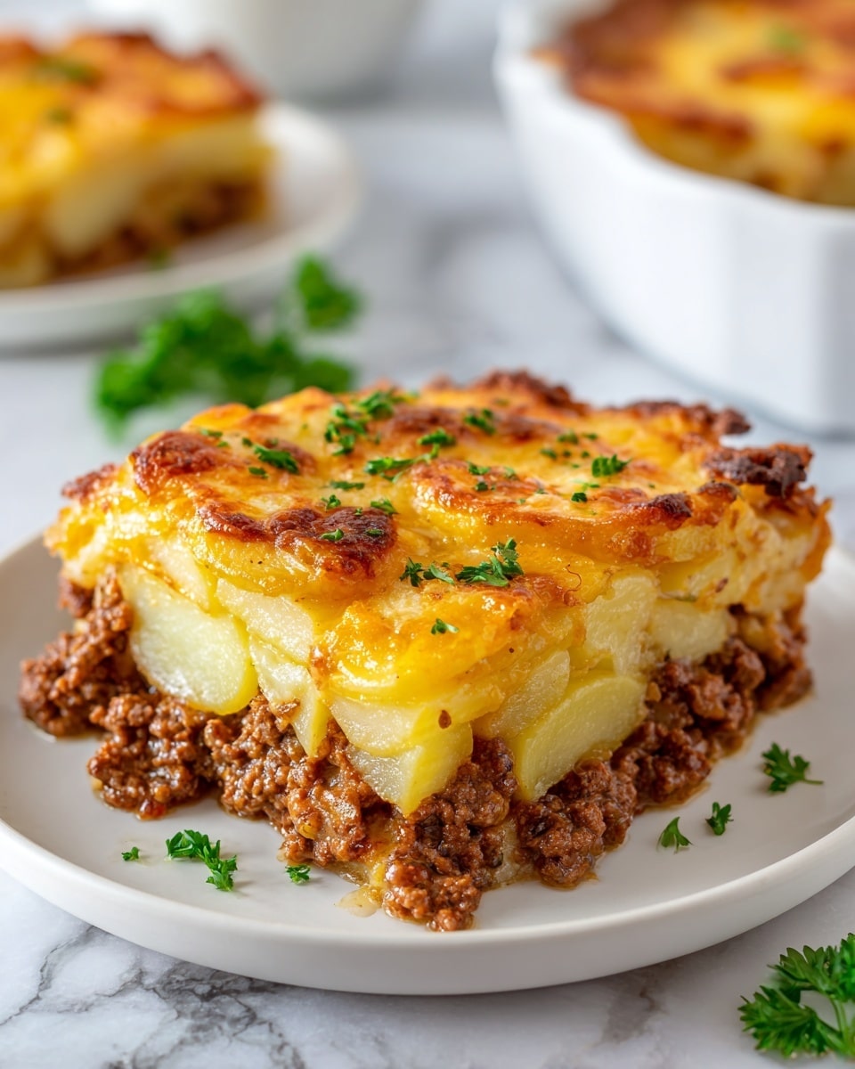 This dish shows a close-up view of a layered casserole on a white plate placed on a white marbled surface. The bottom layer is made of cooked ground beef, rich brown and crumbly in texture. Above the meat, there is a thick layer of scalloped yellow potato slices arranged in a slightly overlapping pattern. The top layer is a golden melted cheese with bubbling and browned spots, slightly browned edges. Small green parsley pieces are sprinkled evenly on top, adding a fresh contrast to the warm colors. In the background and slightly blurred, more of the dish can be seen, emphasizing the focus on the main portion. photo taken with an iphone --ar 4:5 --v 7