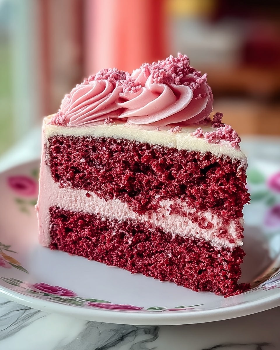 A slice of red velvet cake with two thick, deep red layers that look soft and crumbly, separated by a smooth, light pink cream layer in the middle. The cake is topped with a thick, even layer of the same light pink cream and decorated with a swirl of pink frosting and small pink crumbs on top. The slice is placed on a white plate with a floral pattern around the edge, set against a blurred background with warm colors and a window. The surface beneath the plate has a white marbled texture. photo taken with an iphone --ar 4:5 --v 7