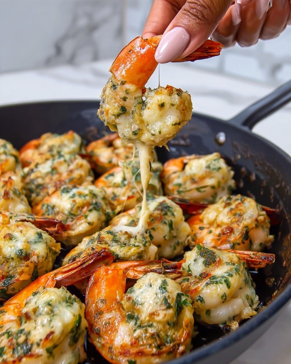 A close-up of a black pan filled with cooked shrimp, each shrimp topped with a creamy, cheesy mixture that has green herbs mixed in, giving a textured and slightly browned look. Each shrimp has an orange shell partially peeled back, exposing the white and pink cooked meat underneath. In the foreground, a woman's hand is holding one shrimp by its tail, showing the gooey cheese sauce dripping slightly from it. The background is a white marbled texture. photo taken with an iphone --ar 4:5 --v 7