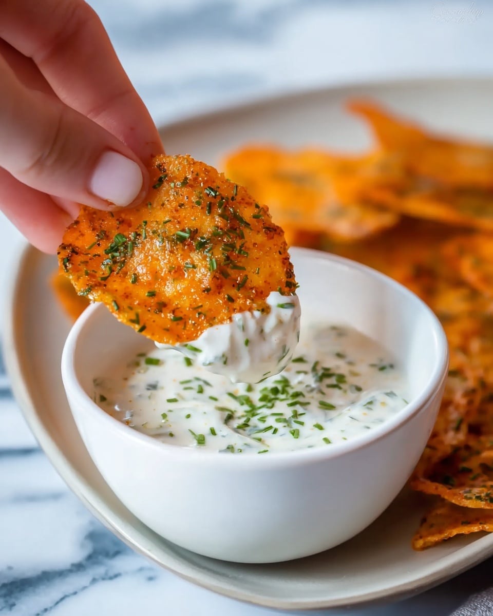 A woman's hand is dipping a golden-brown, crispy chip covered in orange seasoning and green herbs into a small white bowl filled with thick, creamy white dip sprinkled with small green herb pieces on top. The bowl is placed on a white plate with more chips in the background on a white marbled surface. photo taken with an iphone --ar 4:5 --v 7