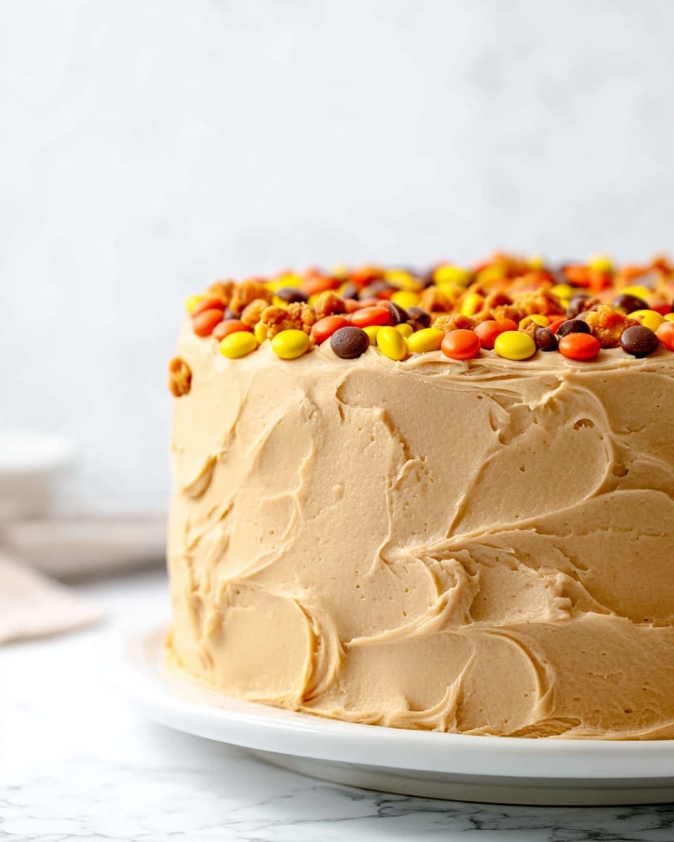 This image shows a close-up side view of a smooth, creamy light brown frosted cake, with clear swirls and textured patterns all over its sides and top. The cake is thickly coated with a peanut butter colored frosting that looks rich and soft. On top, there is a simple layer of small, chopped candies in orange, yellow, and brown colors spread around the edge. The cake sits on a clean white plate against a white marbled background. Photo taken with an iphone --ar 4:5 --v 7