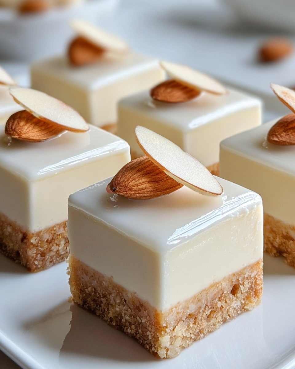 The image shows six small square-shaped desserts arranged on a white plate, each with two main layers. The bottom layer is a rough-textured, light brown crumbly base that looks crunchy. The top layer is a smooth, shiny, creamy white block with a soft, silky texture. Each dessert is topped with two light brown, thin almond slices that add a crispy contrast. The background has a white marbled texture, and the close-up view highlights the delicate details of the dessert's layers and almond slices. photo taken with an iphone --ar 4:5 --v 7