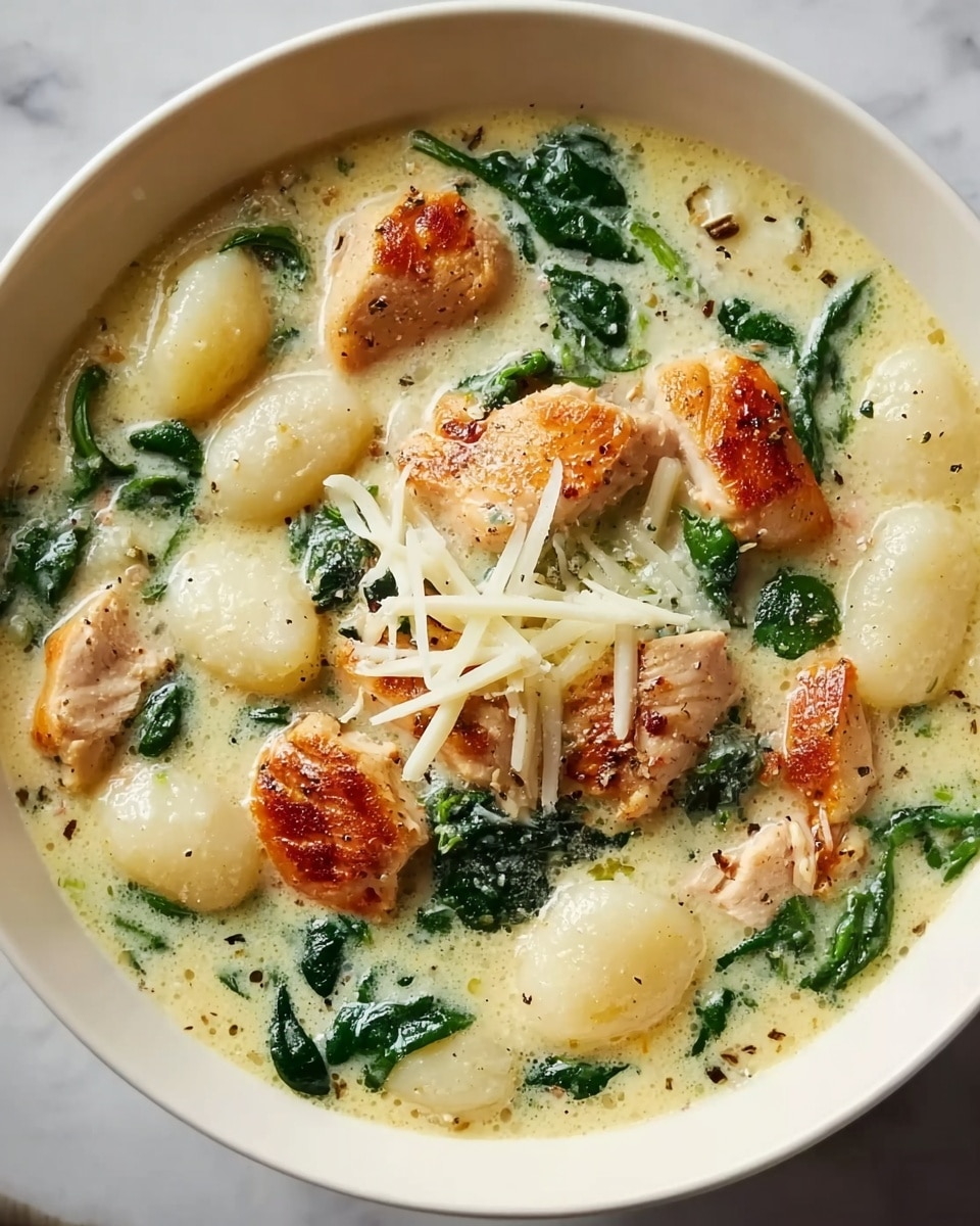 The image shows a white bowl filled with a creamy soup that has several layers. The base layer is a thick, creamy pale yellow broth. Scattered throughout are medium-sized golden-brown seared chicken pieces with a slightly crispy texture. There are also soft, plump, white gnocchi pieces spread evenly. Dark green wilted spinach leaves add a touch of color across the bowl. On top, there are thin, light shreds of white cheese sprinkled at the center. The bowl is placed on a white marbled surface. Photo taken with an iphone --ar 4:5 --v 7