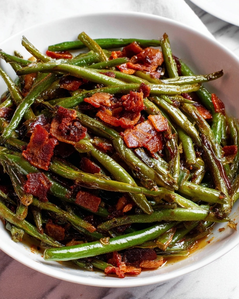 A white bowl filled with cooked green beans and crispy bacon pieces mixed together. The green beans are long, glossy, and slightly wrinkled from cooking, with a dark green color and some charred spots. The bacon is broken into small, uneven pieces in a deep reddish-brown color, adding texture and contrast. The dish has a light coating of sauce or oil, giving it a shiny look. The white bowl sits on a white marbled surface. Photo taken with an iphone --ar 4:5 --v 7