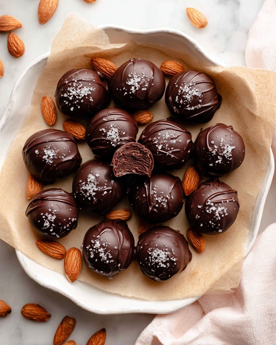 The image shows a white plate with a soft wave edge filled with dark chocolate-covered round treats, arranged in about three uneven rows. Each treat is glossy with swirled tops sprinkled with small shiny flakes of salt. The plate is lined with crinkled tan parchment paper, and roasted whole almonds are scattered evenly between the chocolates. One chocolate is bitten, revealing a dark, textured inside. The setting rests on a white marbled background with part of a white cloth visible at the bottom right edge. photo taken with an iphone --ar 4:5 --v 7