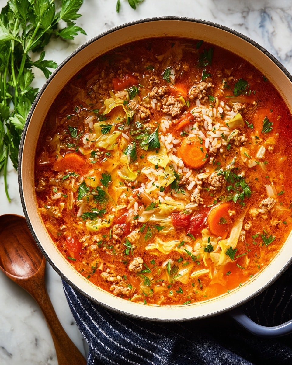 A top view of a large white pot filled with a thick stew consisting of three main layers: a bright reddish-orange tomato-based broth, tender light brown ground meat chunks scattered throughout, and light greenish-beige cabbage pieces mixed in evenly. Visible in the stew are small white rice grains and orange carrot slices, creating a varied texture. Fresh green parsley leaves are sprinkled on top for a pop of color. The pot is set on a white marbled surface with a dark blue striped cloth and fresh parsley sprigs in the background. Photo taken with an iphone --ar 4:5 --v 7