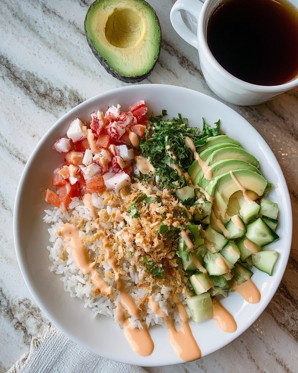 A white plate on a white marbled surface holds a colorful layered dish. At the bottom, there is a bed of white rice topped with small bits of golden crispy crumbs and drizzles of light orange creamy sauce. To one side, there are diced red and white crab sticks. Next to it, finely chopped dark green herbs create a fresh layer. On the other side, slices of light green avocado are neatly placed next to chunks of pale green cucumber. The sauce is spread lightly over the top, adding a smooth texture to the colorful ingredients. Nearby, there is a halved avocado and a cup of dark coffee, both resting on the white marbled surface. photo taken with an iphone --ar 4:5 --v 7