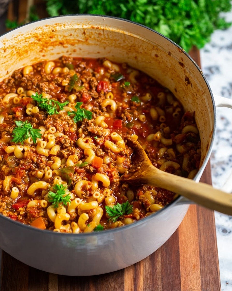 A large white pot filled with a thick, rich pasta dish that has three main layers: the bottom layer is small, curly macaroni noodles in a light yellow color; the middle layer is a chunky red tomato sauce mixed with browned ground meat and small pieces of green and orange vegetables; the top layer is a few fresh green parsley leaves scattered over the pasta. A wooden spoon with some sauce on it rests inside the pot, partially submerged in the pasta. The pot sits on a wooden surface with a white marbled texture background, and a bunch of fresh green parsley is blurred in the background. photo taken with an iphone --ar 4:5 --v 7