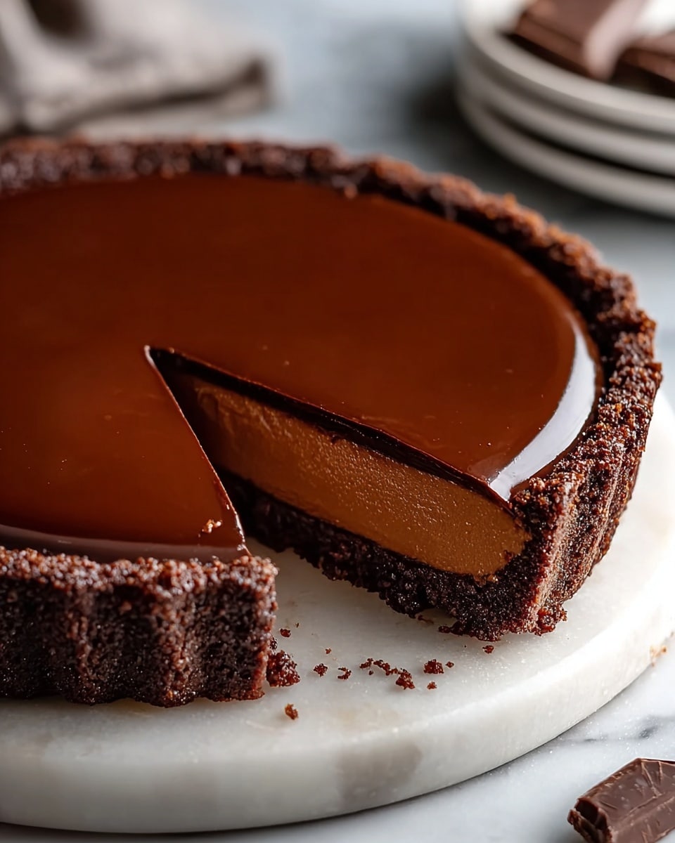 The image shows a close-up view of a chocolate tart with three clear layers, placed on a white marbled surface. The bottom layer is a dark brown, crumbly crust that looks slightly rough and crunchy. Above it is a thick, smooth, and creamy chocolate filling in a medium brown shade with a slightly shiny texture. The top layer is a thin, glossy, dark chocolate ganache with a rich, almost black brown color, covering the tart evenly and dripping slightly along the edges of the crust. photo taken with an iphone --ar 4:5 --v 7