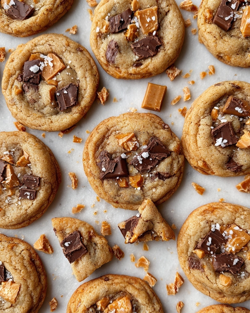 Several round cookies with a light brown color and soft, slightly cracked texture are spread over a white marbled surface. Each cookie has pieces of dark chocolate and crunchy golden-brown toffee embedded inside. There are also small white salt flakes on top of the cookies and scattered toffee and chocolate chunks around them. One cookie in the center is broken into two pieces, showing a soft inside with melted chocolate. The overall look is warm and inviting, highlighting the mix of smooth chocolate and crunchy toffee. Photo taken with an iphone --ar 4:5 --v 7