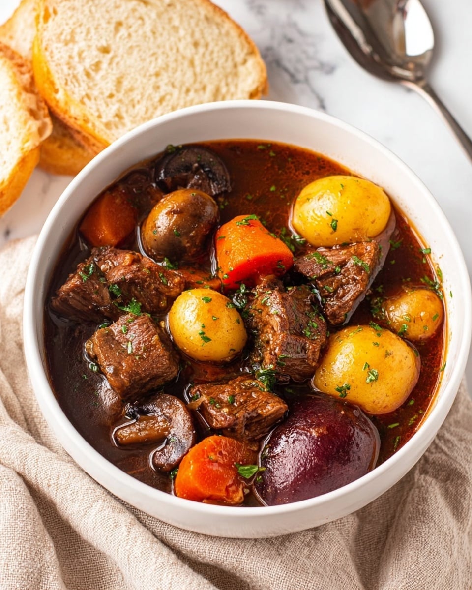 A white bowl filled with a rich beef stew containing several layers of tender brown beef chunks, bright orange carrot slices, whole small yellow potatoes, dark brown mushrooms, and one whole deep red potato, all covered in a glossy, thick, dark brown broth with herbs sprinkled on top. The bowl is on a soft, textured beige cloth, and behind it are two slices of light golden brown bread resting on a white marbled surface. A silver spoon is partially visible to the right side of the bowl. Photo taken with an iphone --ar 4:5 --v 7