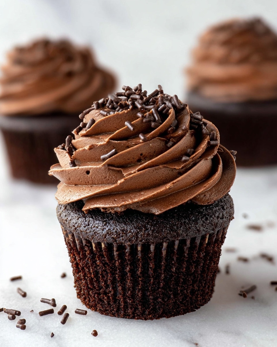 A dark chocolate cupcake with three visible layers: the bottom layer is a ridged dark brown cupcake liner holding a moist, dark chocolate cake; the middle layer is a swirl of smooth, richly textured chocolate frosting with deep ridges, sitting thickly on top; the top layer is decorated with small chocolate sprinkles scattered over the frosting and some on the white marbled surface around it. Two more cupcakes with similar layers are blurred in the background on the same white marbled surface. photo taken with an iphone --ar 4:5 --v 7