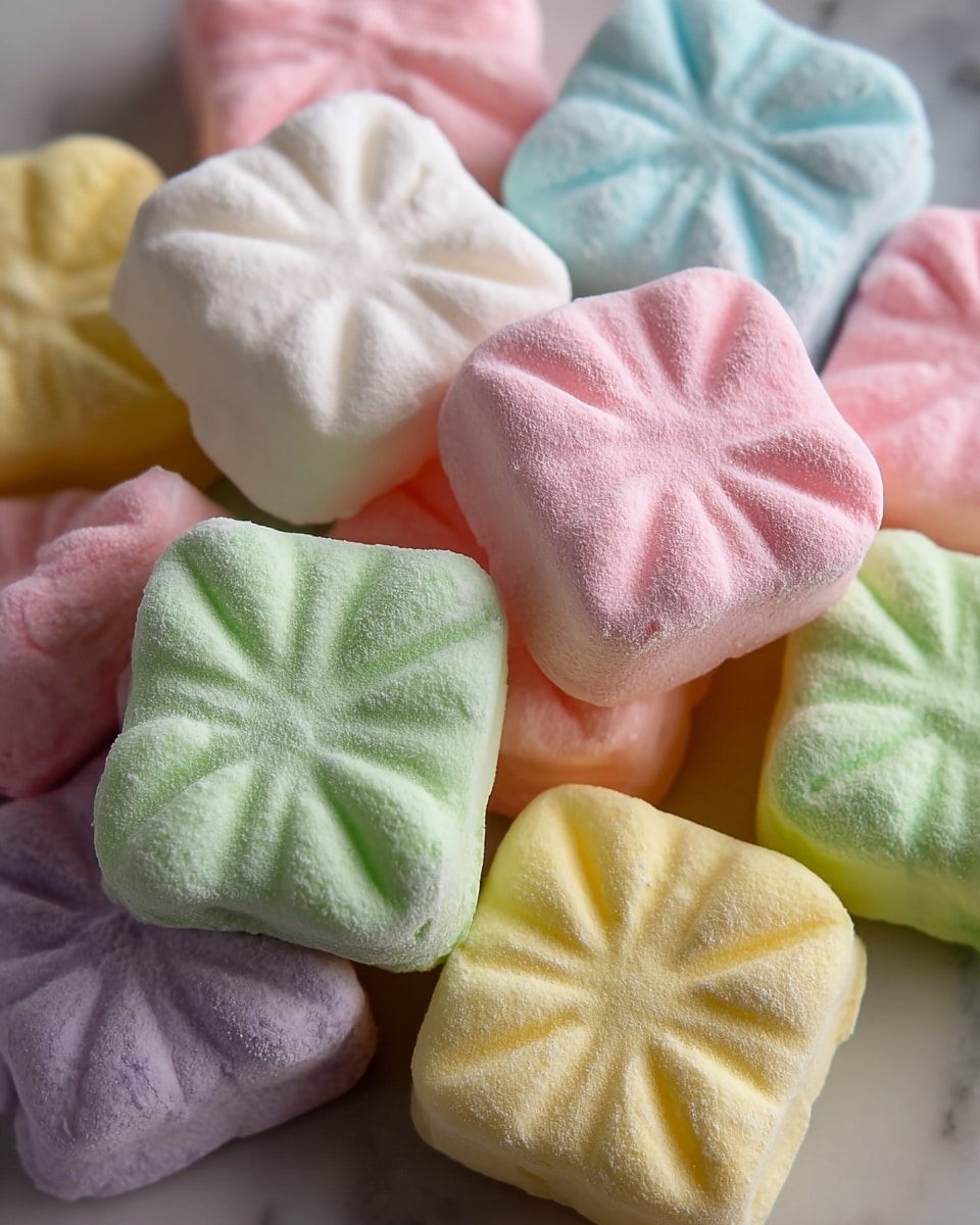 A close-up image showing several small, square-shaped candies with a soft, powdery texture. Each candy has a front surface with ridged, flower-like patterns that create a star shape in the middle. The candies come in pastel colors, including light green, pale pink, soft yellow, white, light purple, and baby blue. These small candies are gathered closely together and rest on a white marbled surface. photo taken with an iphone --ar 4:5 --v 7