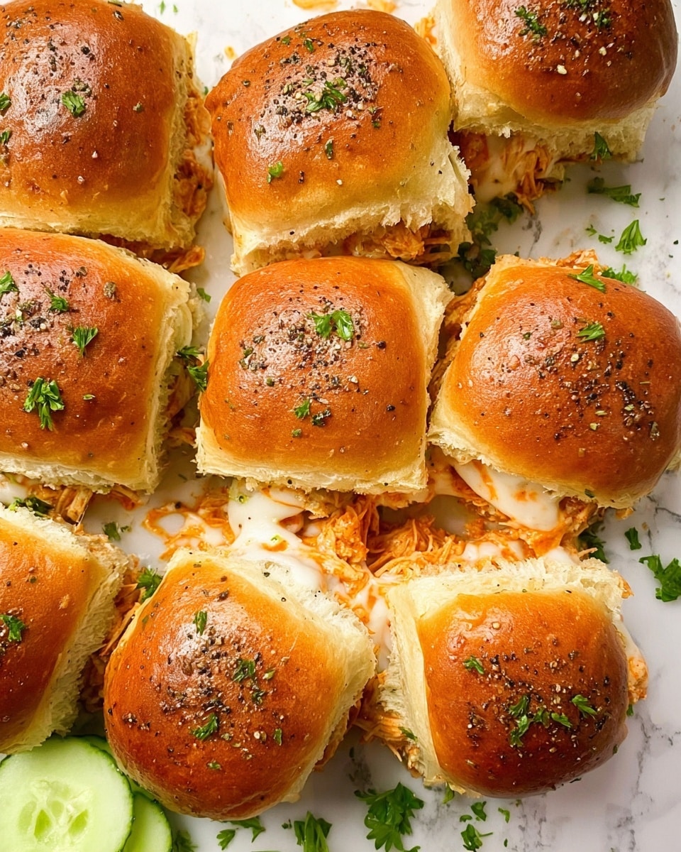 The image shows a close-up of eight soft slider sandwiches arranged tightly together on a white marbled surface. Each slider has a shiny, golden-brown top bun sprinkled with green parsley and black pepper. Inside, there is a visible layer of melted white cheese stretching between some sliders and a layer of shredded orange chicken. The buns look soft and slightly toasted, with some areas showing a bit of bubbling cheese and sauce. Around the sliders, fresh green parsley is scattered, and there are a few slices of cucumber visible in the corner. There are small spots of orange sauce on the surface near the sliders. photo taken with an iphone --ar 4:5 --v 7