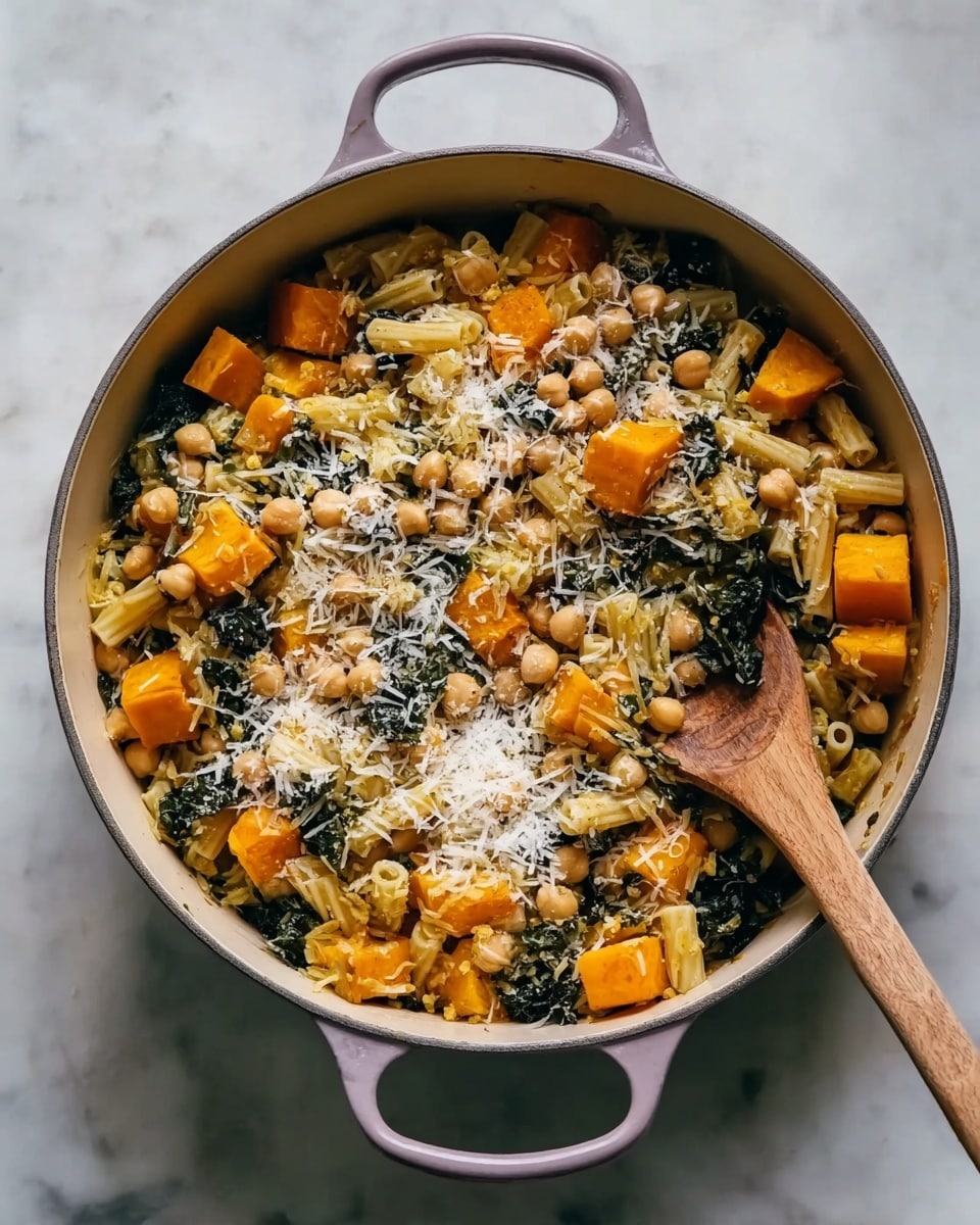 A round light purple pot with two handles holds a mixed dish of small tube-shaped pasta, scattered chickpeas, large orange butternut squash cubes, and dark green leafy vegetables, all topped with a light layer of finely grated white cheese. A wooden spoon rests inside the pot on the right side, partially covered by the food. The pot is placed on a white marbled surface. photo taken with an iphone --ar 4:5 --v 7