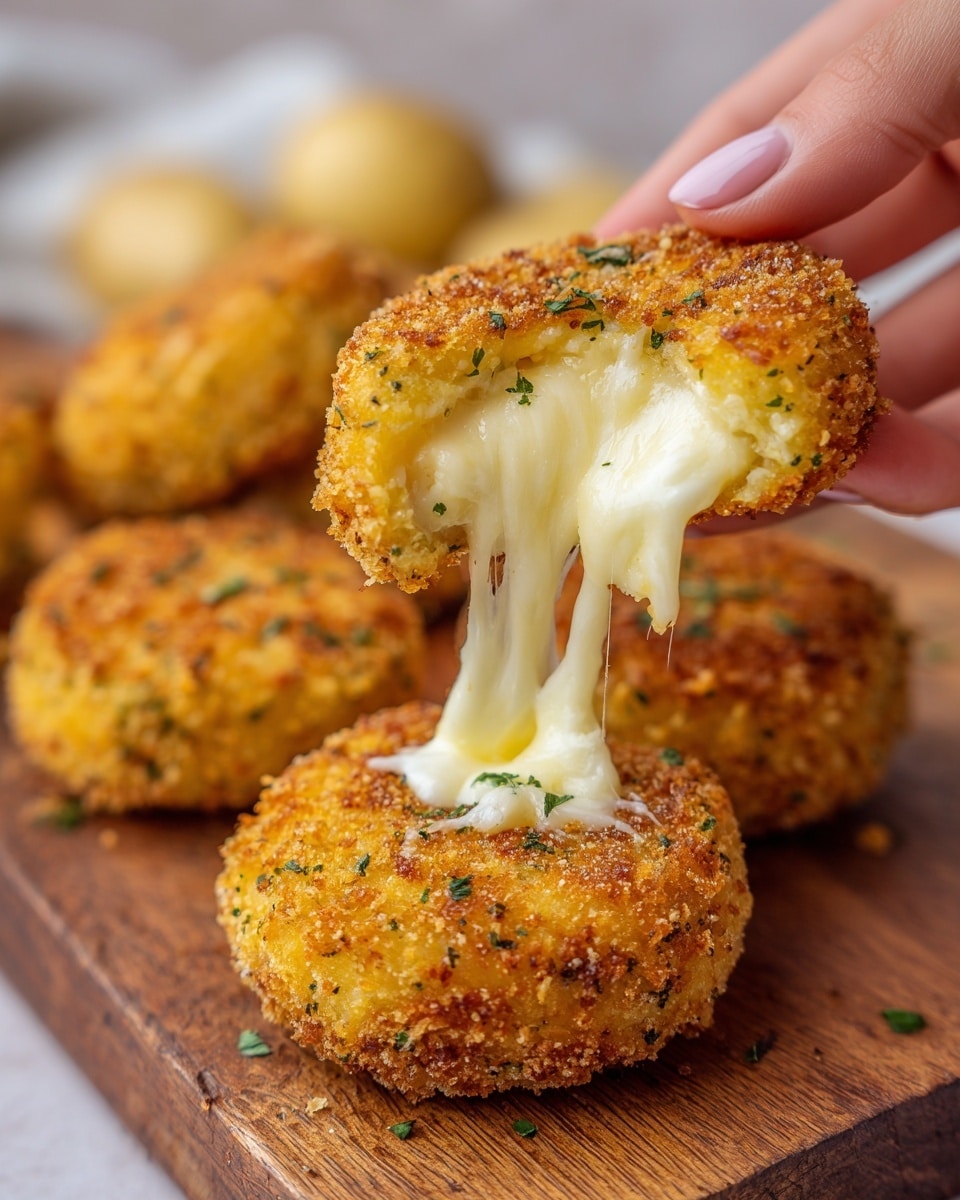 A close-up of a woman's hand holding a breaded, golden-yellow round piece that is broken in half, revealing melted, stretchy white cheese inside. The breaded layer on the outside is crumbly with small green herb specks. In the blurred background on a wooden board, more breaded rounds are visible with a few whole potatoes. The overall scene is bright and focused on the gooey cheese center. Photo taken with an iphone --ar 4:5 --v 7