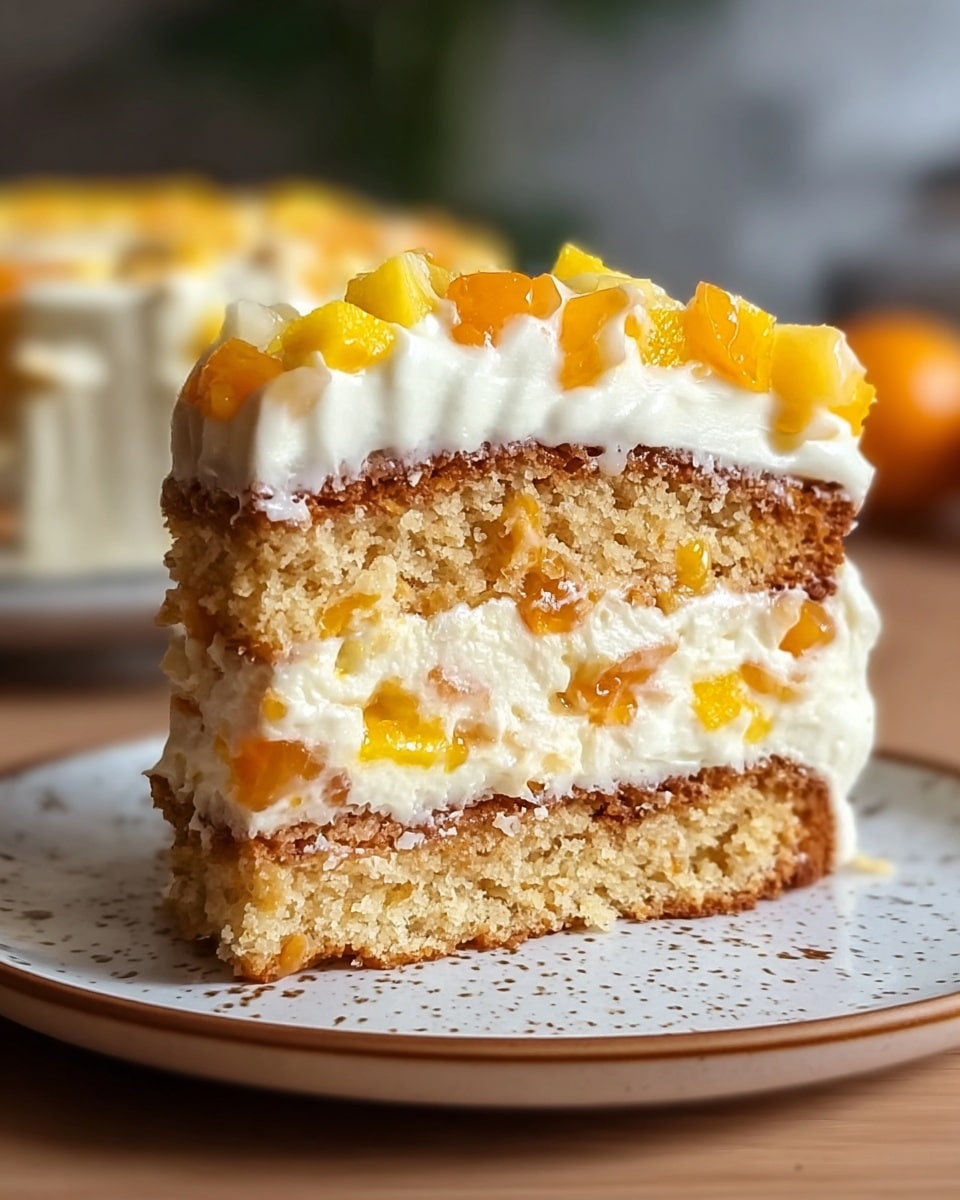 A close-up view of a three-layer carrot cake slice on a white plate with a rough texture and slight brown edges. Each cake layer is golden brown and moist, filled with creamy white frosting mixed with small pieces of orange carrot and yellow pineapple. The frosting is thickly spread between the layers and on top, where it’s topped with chunks of yellow pineapple and shredded carrot. The background shows a soft, blurred white marbled surface. Photo taken with an iphone --ar 4:5 --v 7