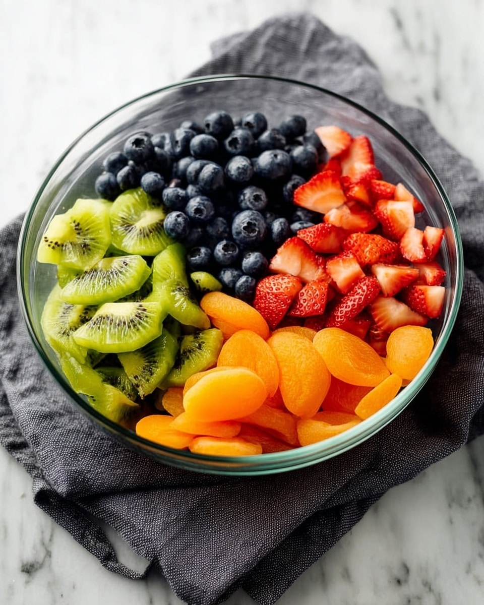 A clear glass bowl filled with four sections of fresh fruit arranged in a circle: deep blue round blueberries in one section, bright green sliced kiwi with visible seeds in another, soft red sliced strawberries with a smooth texture in the next, and bright orange sliced apricots with smooth skin in the last section. The bowl is placed on a folded dark gray cloth on a white marbled surface. The fruit colors are vivid and fresh, and the bowl is seen from a slightly angled top view. Photo taken with an iphone --ar 4:5 --v 7