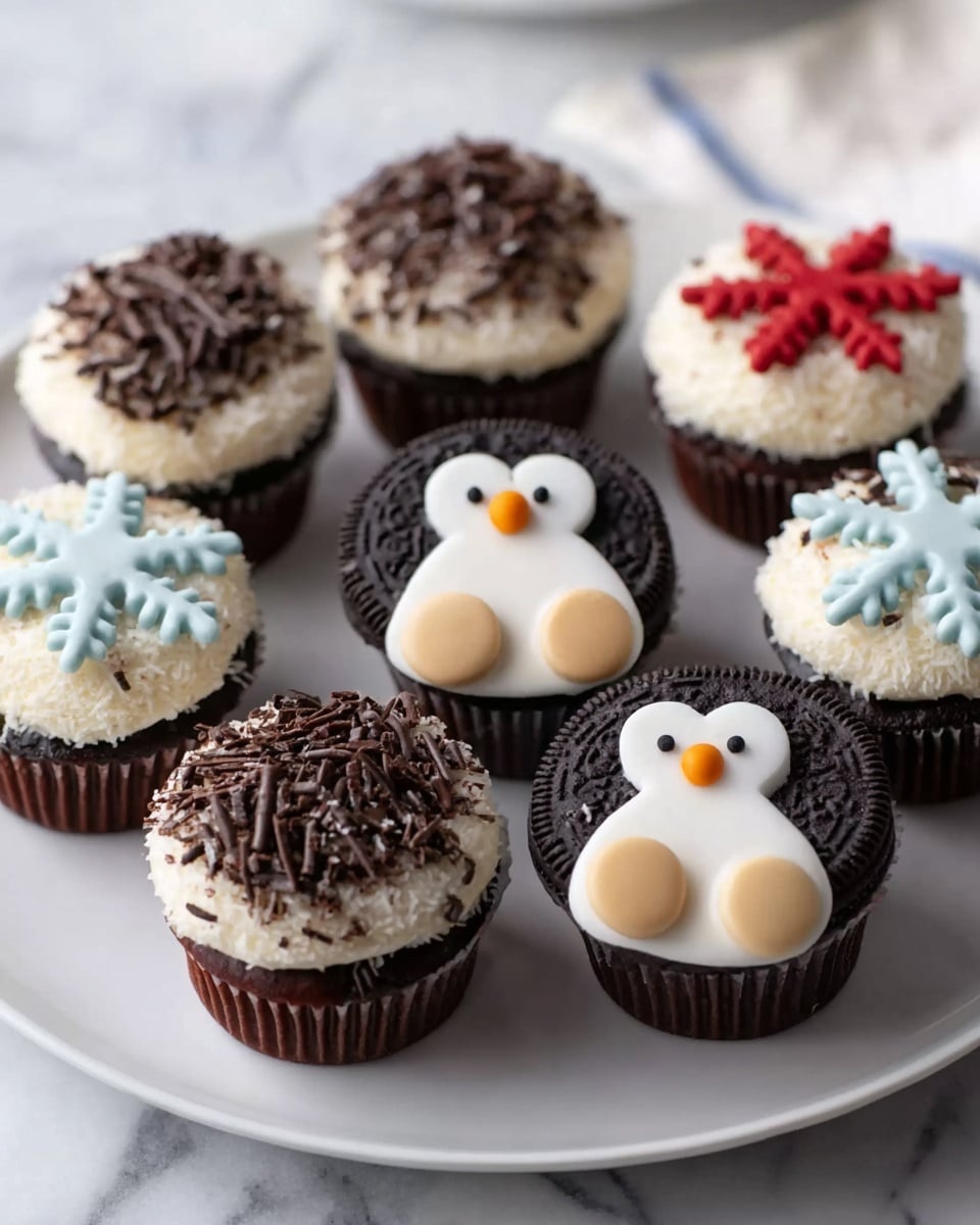 A white round plate with eight cupcakes arranged in a cluster on a white marbled surface. Four cupcakes have a penguin design made with a black Oreo cookie positioned vertically at the back as the penguin head, white cream forming the body layer below the cookie, and two small round beige candies placed near the bottom as feet, with a small orange drop-shaped candy as the beak in the middle of the white cream. The other four cupcakes are topped with white cream covered with dark chocolate shavings and decorated with three-dimensional snowflake-shaped icing in pastel blue or white and red. The cupcake wrappers are dark brown. photo taken with an iphone --ar 4:5 --v 7
