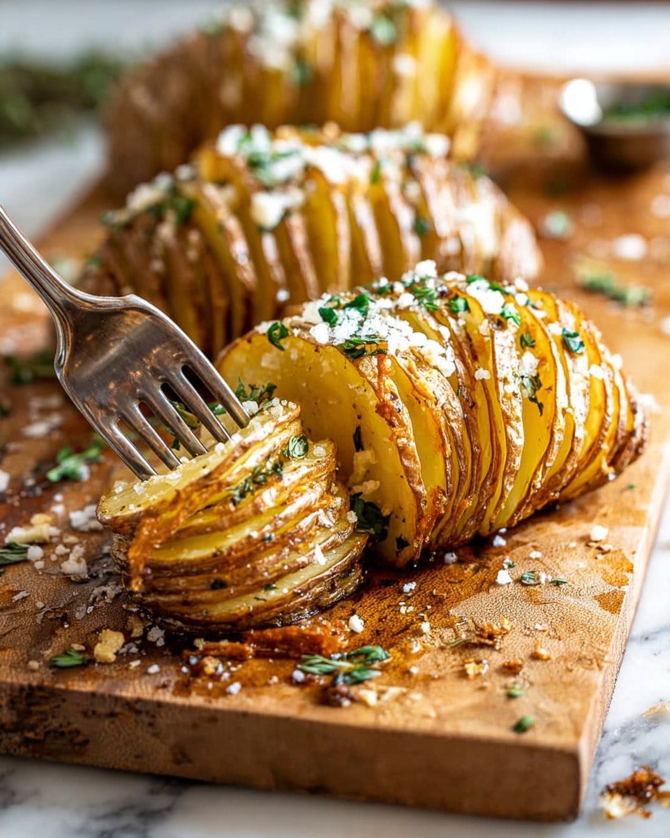 The image shows a cutting board with three roasted potatoes sliced very thinly in many layers, fanned out across the board. Each potato is golden brown with crispy edges, topped with small green herb pieces and a sprinkle of coarse white cheese or salt. In front, a fork is lifting one thin potato slice, showing the layered texture clearly with a soft inside and crispy outside. The board is on a white marbled surface, with some scattered herbs and crumbs around. photo taken with an iphone --ar 4:5 --v 7