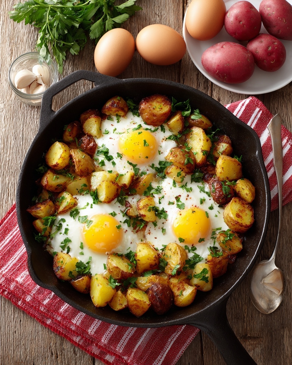 A black cast iron skillet filled with a cooked mixture of golden brown roasted potatoes dotted with bits of crispy skin, and three eggs cooked sunny side up with bright yellow yolks visible under a layer of white egg whites, all sprinkled with chopped green parsley leaves on top. The skillet sits on a red and white striped cloth on a wooden surface. Nearby are three brown eggs, a bunch of fresh green herbs with a white band around the stems, a small glass container with a metal spoon, and a white plate with small red potatoes and cloves of garlic. Photo taken with an iphone --ar 4:5 --v 7