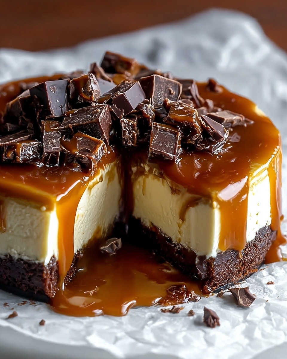 The image shows a close-up of a round dessert with three clear layers on a white marbled surface covered with parchment paper. The bottom layer is dark brown and looks like moist chocolate cake. The middle layer is smooth and creamy in a light beige color, resembling cheesecake or a cream filling. The top layer is a shiny, thick caramel sauce that drips down the sides. On top of the caramel layer, there are many irregular small chunks of dark chocolate scattered. One slice has been removed, revealing the layers clearly with caramel spilling onto the surface. Photo taken with an iphone --ar 4:5 --v 7
