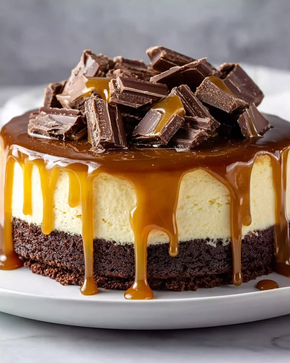 The image shows a tall dessert with three layers on a white plate placed on a white marbled surface. The bottom layer is thick and dark brown with a crumbly brownie texture. The middle layer is thick, creamy, and pale yellow, looking smooth and soft like cheesecake. The top layer is a shiny caramel sauce that drips down the sides in thick golden streams. On top of the caramel, there are many uneven pieces of dark chocolate arranged loosely in a pile. Photo taken with an iphone --ar 4:5 --v 7