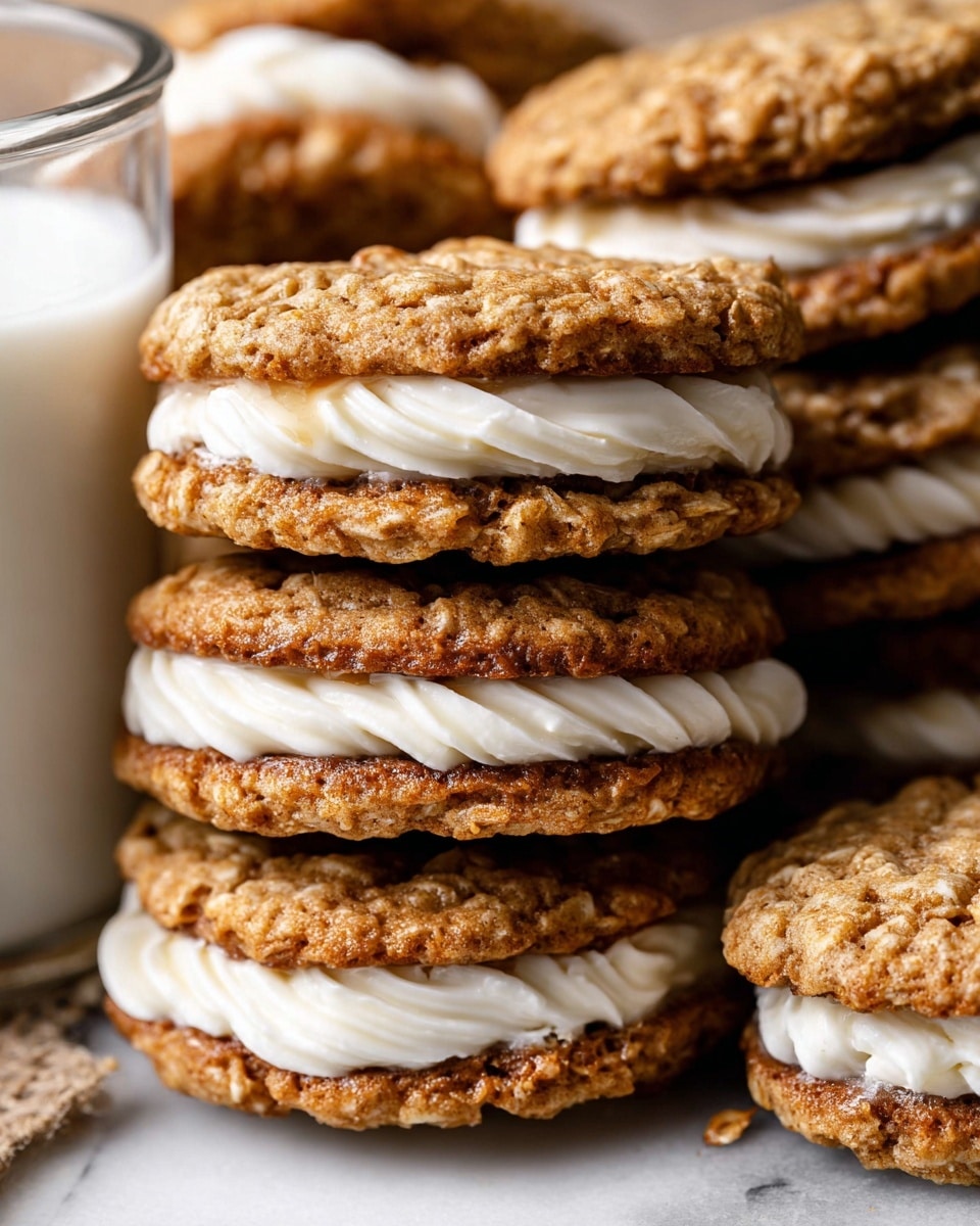 A close-up view of multiple oatmeal cream pies stacked closely together, each sandwich showing two light brown, textured oatmeal cookie layers with visible oats and a slightly rough surface, filled with a thick, smooth white cream in the middle that is swirled and slightly spilling out between the cookie layers. The background is a white marbled texture with a glass of milk partially visible on the left side. photo taken with an iphone --ar 4:5 --v 7