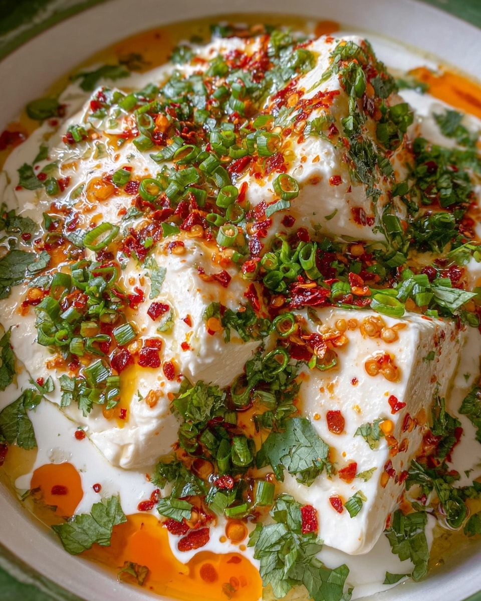 A close-up shot of a dish in a white bowl showing several layers: at the bottom is a creamy white yogurt base, topped with slices of soft white paneer cheese. On top of the paneer, there are visible drops of bright orange oil, scattered red chili flakes, and finely chopped fresh green herbs like cilantro and spring onion. The spices and herbs add small bursts of red and green color against the smooth white layers, creating a textured, colorful look. photo taken with an iphone --ar 4:5 --v 7