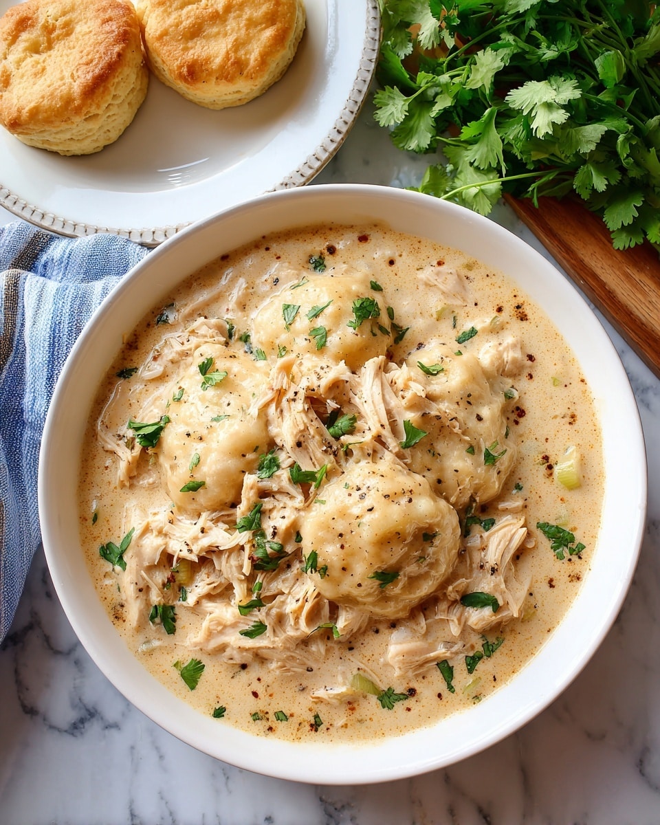 The image shows a white bowl filled with creamy chicken and dumplings. The dish has two main layers: thick, tender dumplings with a smooth, pale beige sauce and shredded pieces of light brown chicken mixed evenly throughout. The sauce has a slight gloss and is speckled with black pepper. In the background, there is a white plate with two golden-brown biscuits on a blue and white striped cloth, and fresh green cilantro leaves on a wooden board. The whole scene is set on a white marbled surface. photo taken with an iphone --ar 4:5 --v 7