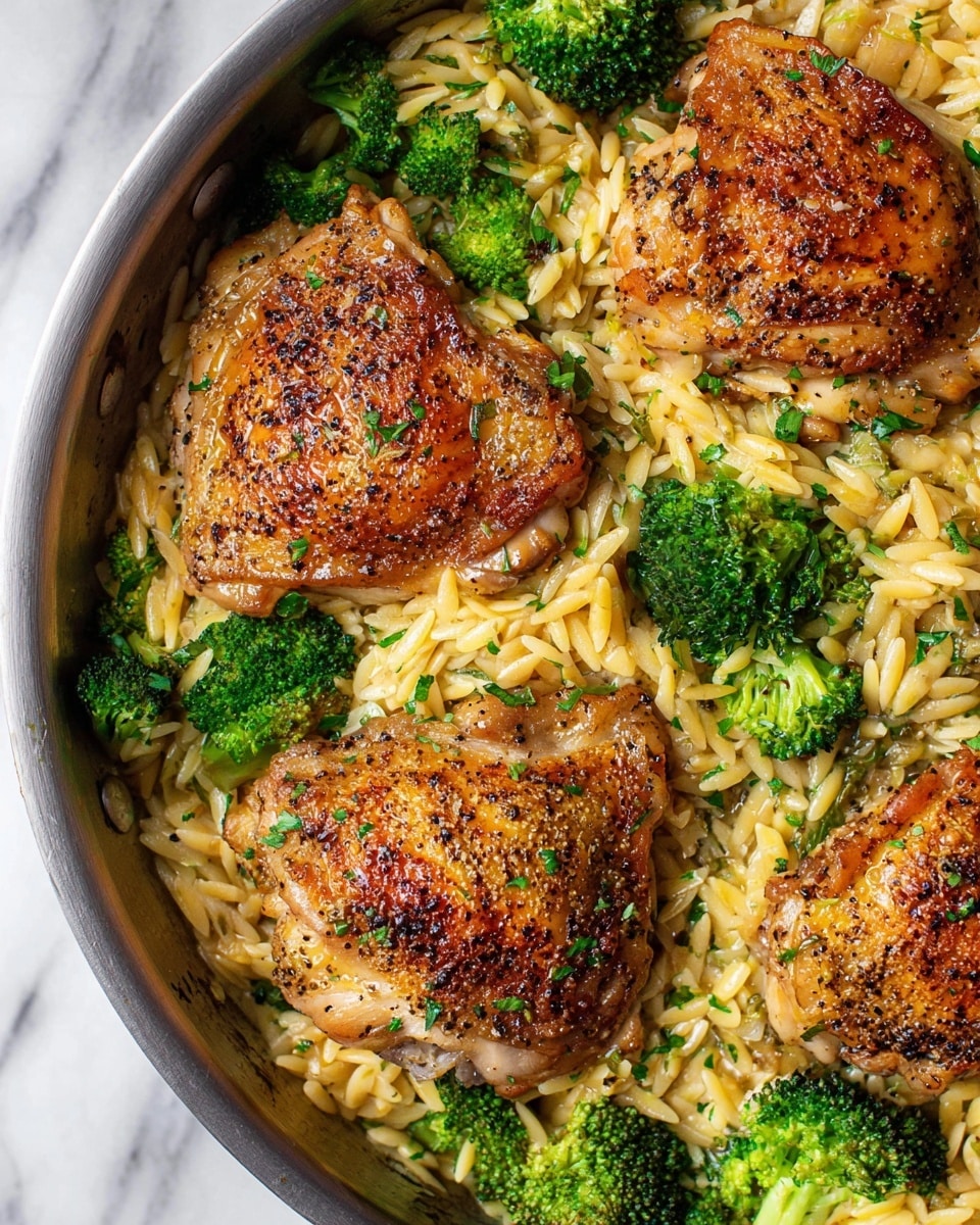 The image shows a close-up of a pan filled with a dish made of three crispy brown chicken thighs placed on top of a bed of light golden orzo pasta mixed with bright green broccoli florets. The chicken thighs have a textured, seasoned skin with visible specks of black pepper and herbs, while the pasta looks creamy and smooth, weaving around the chicken and broccoli. Small bits of green herbs are sprinkled over the dish, adding a touch of freshness. The pan is seen from above on a white marbled surface, and the photo is taken with an iphone --ar 4:5 --v 7