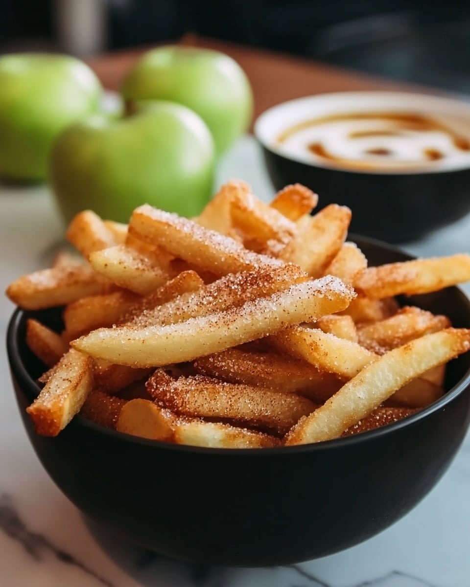 A close-up view of a black bowl filled with light golden fries stacked in a rough pile, each fry covered lightly with a reddish-brown spice and white sugar crystals, showing a mix of smooth and slightly rough textures; in the blurred background, white sauce with caramel or cinnamon swirl and two green apples sit on a white marbled surface. photo taken with an iphone --ar 4:5 --v 7