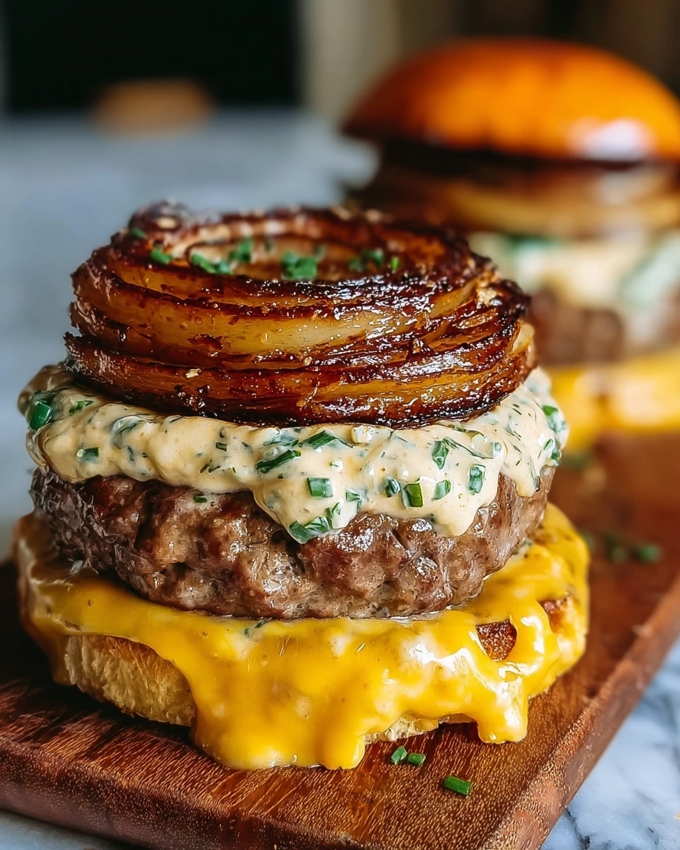 A close-up of a burger with four visible layers, starting from the bottom: a layer of melted bright yellow cheese that is gooey and dripping slightly onto a wooden board, followed by a thick, juicy beef patty with a slightly browned surface, then a creamy sauce with green herbs mixed in spread generously across the patty, and on top a thick, golden-brown grilled onion ring with a caramelized and slightly charred texture. In the background, there is another burger with similar layers, blurred out. The setting is on a white marbled texture, and the photo has a warm and inviting look. Photo taken with an iphone --ar 4:5 --v 7